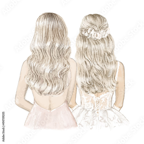 Blonde Bride and Bridesmaid. Hand drawn Illustration