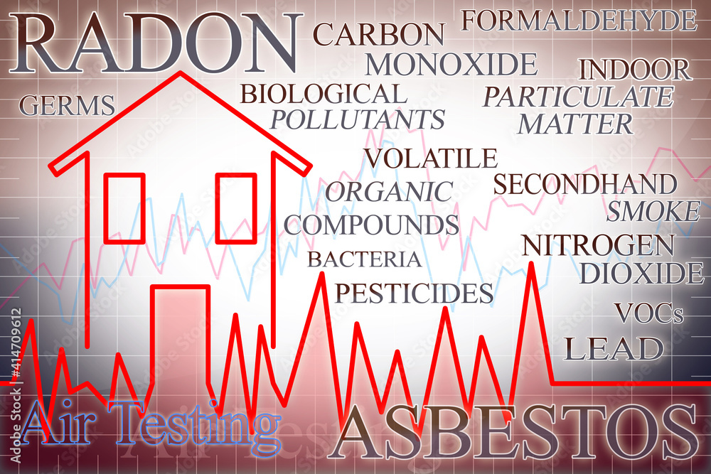 The most common dangerous domestic indoors pollutants we can find in our homes - concept image with a silhouette of a home and a check-up graph