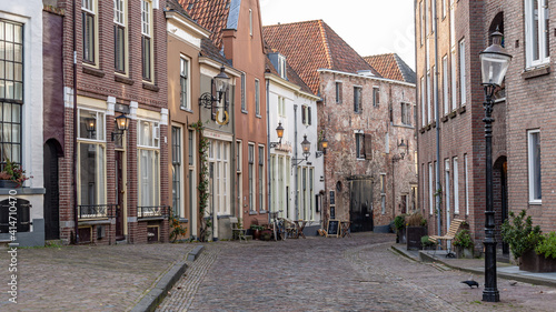 Medieval street scene downtown Deventer in Overijssel in the Netherlands