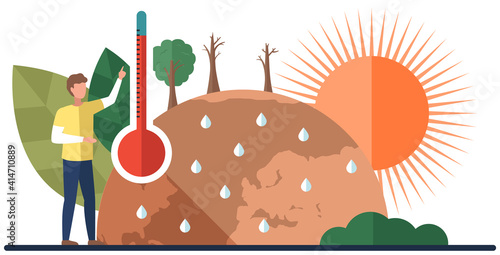 Earth global warming poster. Dried, hot, sweaty and red planet globe. Man points to thermometer measuring temperature of air and water on planet. Saving Earth and environmental care concept