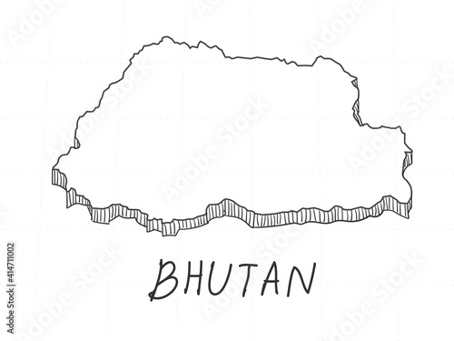Hand Drawn of Bhutan 3D Map on White Background.