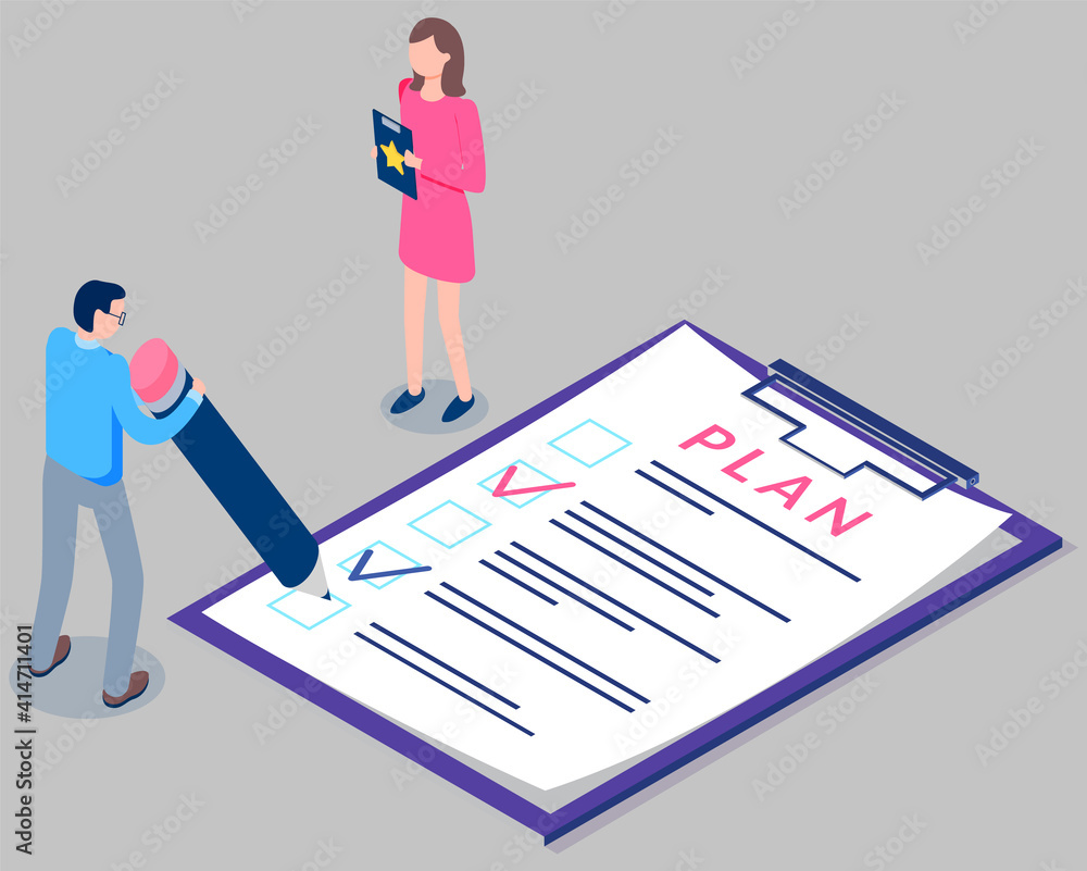 Form survey printed on paper. Man with pencil fills out plan of affairs. Girl standing with file folder with star image. Male character writes on letterhead. Businessman putting tick in plan Form survey printed on paper. Man with pencil fills out plan of affairs. Girl standing with file folder with star image. Male character writes on letterhead. Businessman putting tick in plan