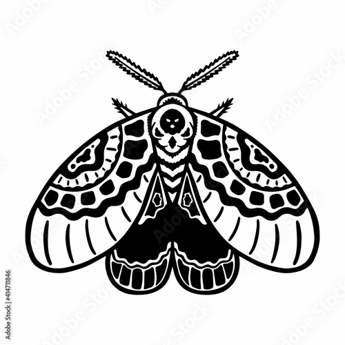 Vector illustration of a moth, butterfly line drawing. Hand drawn vector illustration isolated on white background. Skull moth butterfly design for tattoo, t-shirt print, poster, coloring book.