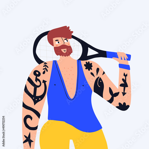 Man with tennis racket flat vector illustration. 