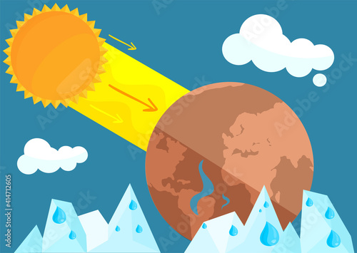 Sun shines rays on planet and heats it. Global warming and environmental problems. Temperature of Earth is rising due to greenhouse effect and human activity. Melting glaciers and evaporation of water