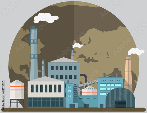 Manufacture pollutes environment. Enterprise on background of destroyed Earth. Plant destroying planet with disastrous emission. Large industrial building has detrimental effect on state of atmosphere