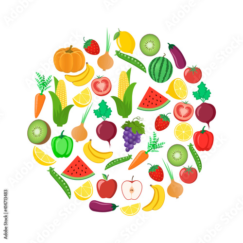 Fototapeta Naklejka Na Ścianę i Meble -  Vegetables and fruits. Watermelon, pumpkin, carrot, tomato, apple, onion, eggplant, banana, strawberry, beet, pepper, corn, peas, kiwi, lemon, grapes  Vector illustration