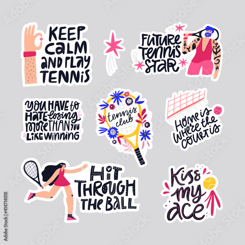 Tennis quotes hand drawn vector letterings set. 
