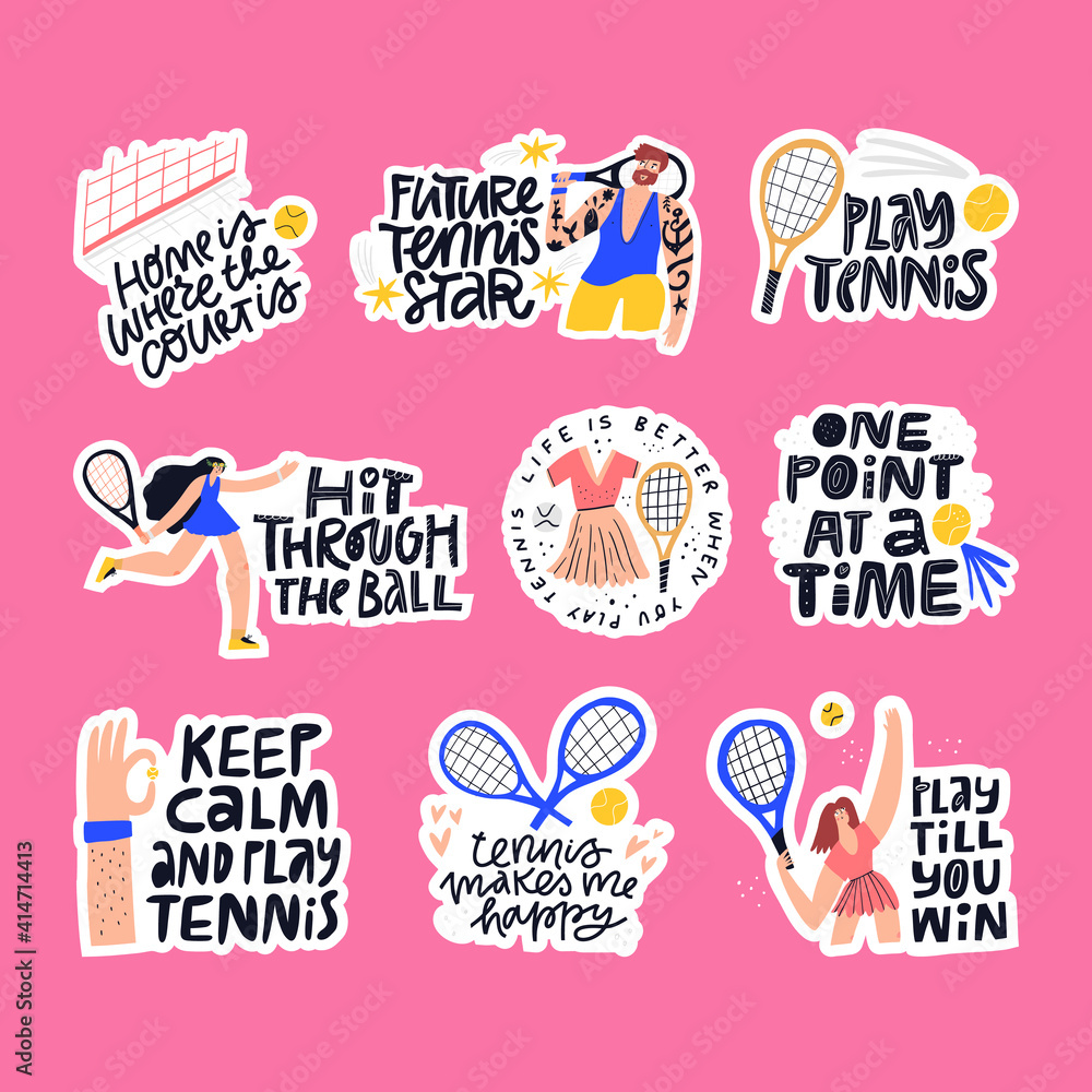 Tennis quotes, sport phrases vector letterings set. 