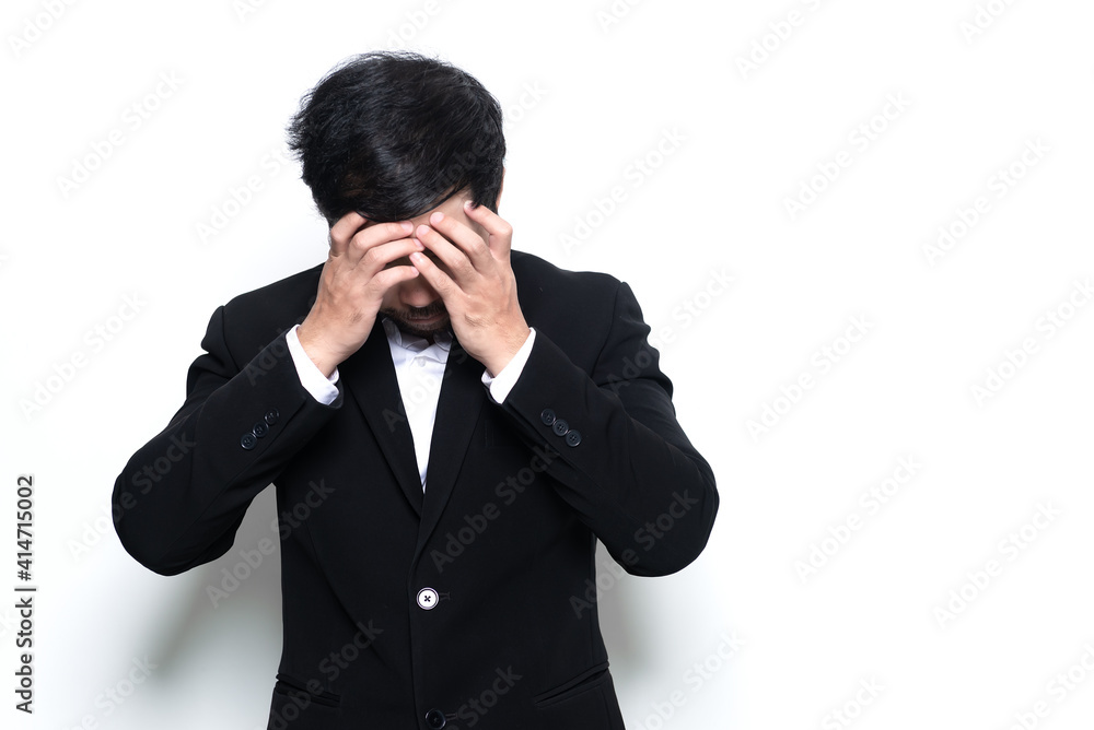 Portrait of asian handsome businessman wear suit on white background,Stress man concept Portrait of asian handsome businessman wear suit on white background,Stress man concept