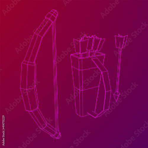 Medieval Bow and arrow archer weapon. Wireframe low poly mesh vector illustration.