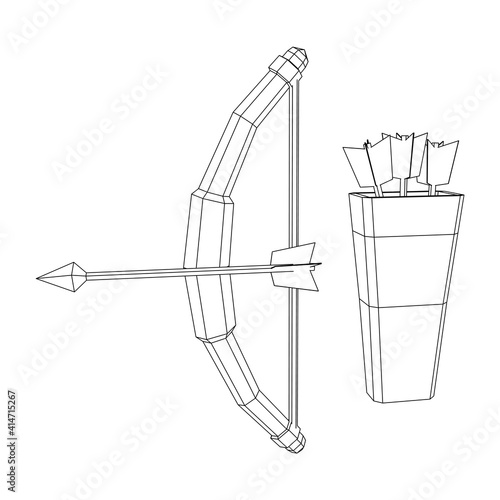 Medieval Bow and arrow archer weapon. Wireframe low poly mesh vector illustration.