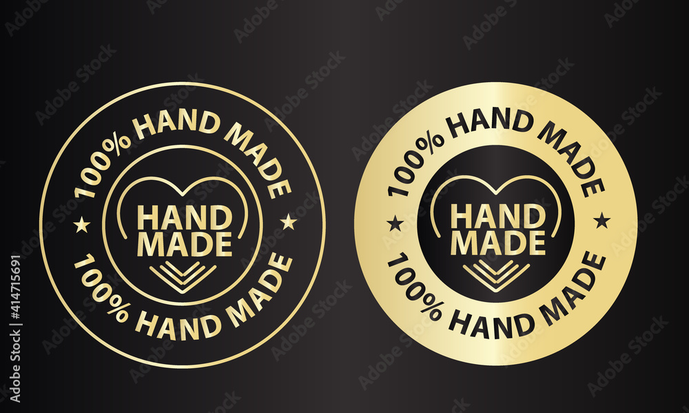 '100% hand made' premium elegant golden vector icon isolated on dark background