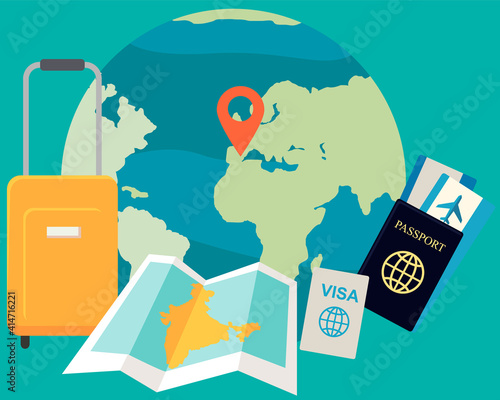 Passport, boarding pass, visa, luggage, map and planet Earth icon. Traveling abroad, vacation, journey around world, citizenship concept. Travel to point marked on planet vector illustration
