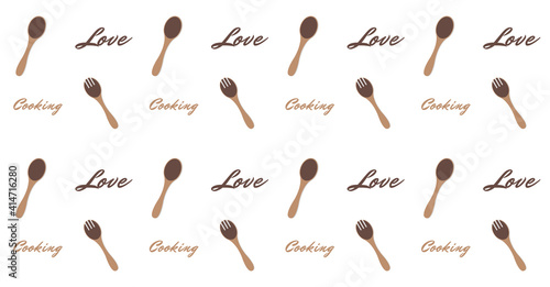 Pattern of kitchen stuff hand drawn flat icons. Love cooking. Background for cafe banner, culinary poster. Template print for cooking courses, classes, lessons. Cover for cooking, baking club.