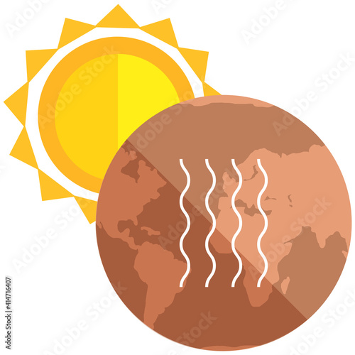 Global warming and environmental problem concept. Temperature of Earth is rising due to human activity. Sun shines on globe and heats it up. Drainage of surface of planet and evaporation of water