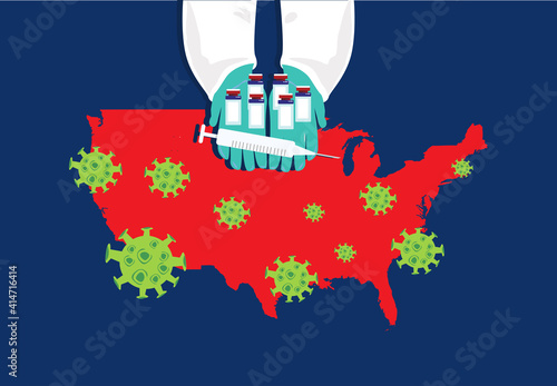 United States of America Map with viruses spreading while a hand offers a vaccination. Editable Clip Art.