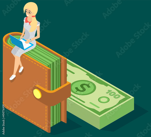 Young woman sitting on wallet with currency. Savings, storage, Carry investments. Female worker with laptop sitting on top of brown purse, girl working on computer, business-woman earning money