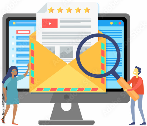 Business email in monitor background. People look at message letter for online communication. Envelope icon mail technology at computer screen. Colleagues examine letter under magnifying glass
