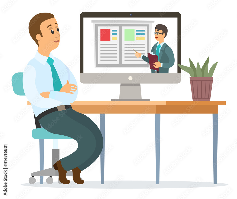 Businessman talking to partner via video call, online conference. A man sitting at a table with a computer, communication with a colleague via webcam, telecommunication, business negotiations Businessman talking to partner via video call, online conference. A man sitting at a table with a computer, communication with a colleague via webcam, telecommunication, business negotiations