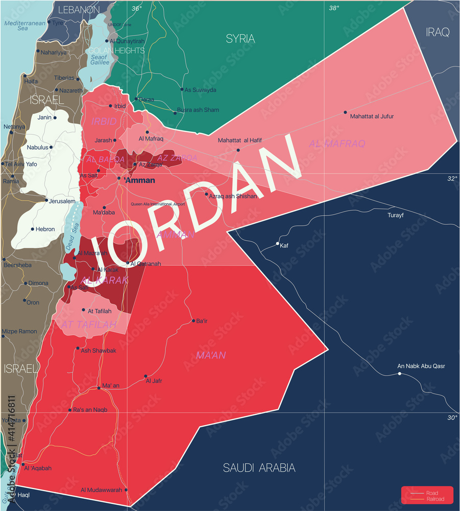 Jordan country detailed editable map with regions cities and towns