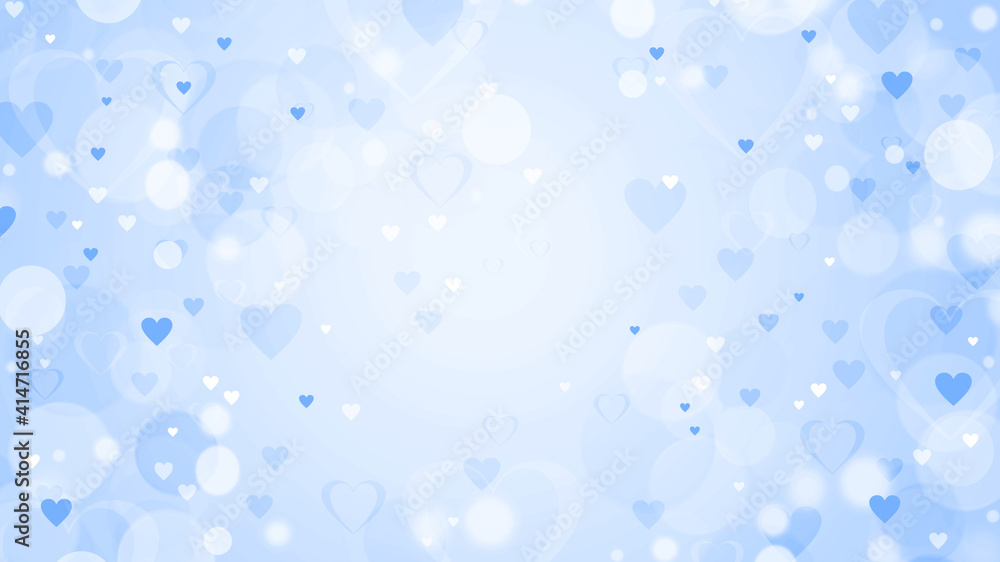 Abstract blue gradient bokeh background with hearts and circles