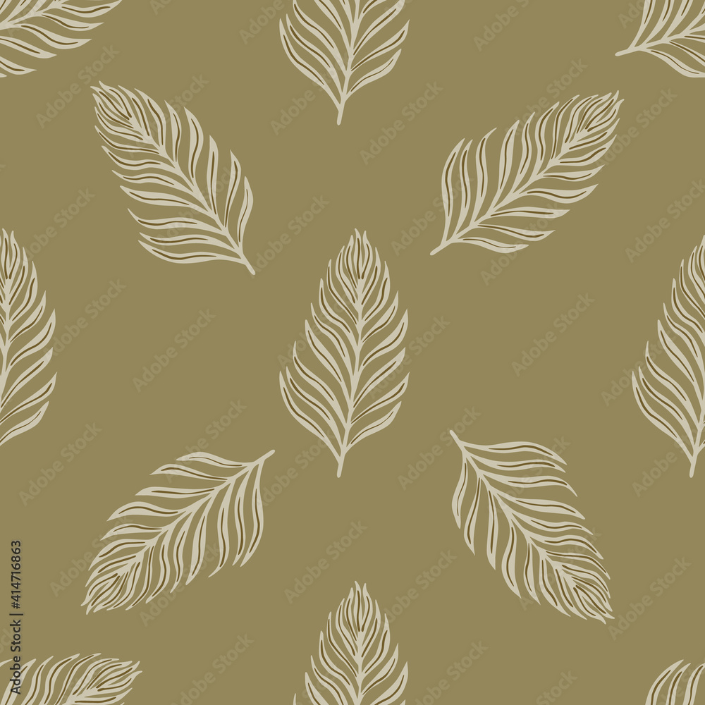 Minimalistic nature seamless autumn pattern with doodle white fern leaf ornament. Light brown background.