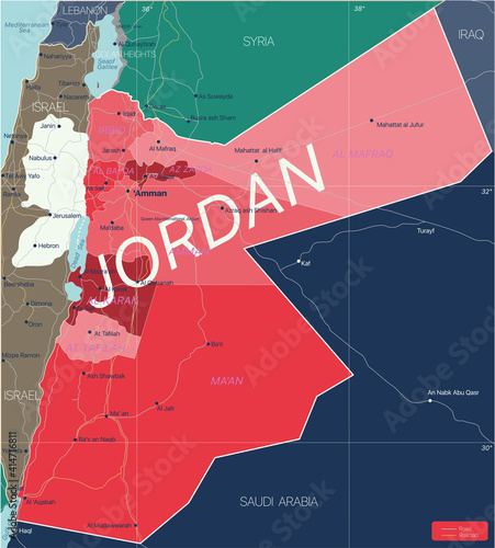 Jordan country detailed editable map with regions cities and towns, roads and railways, geographic sites. Vector EPS-10 file © olinchuk