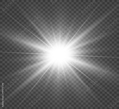 Special lens flash, light effect. The flash flashes rays and searchlight. illust.White glowing light. Beautiful star Light from the rays. The sun is backlit. Bright beautiful star. Sunlight. Glare. 