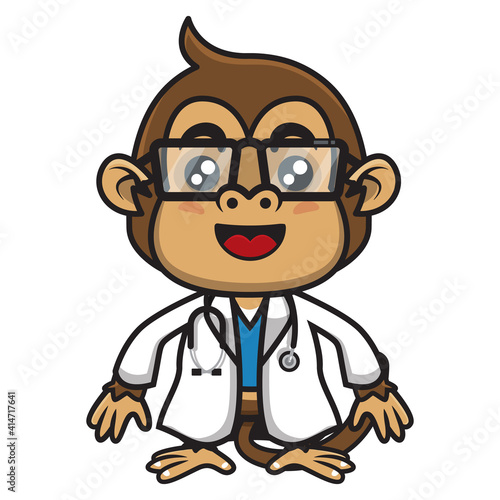 Adorable little monkey cartoon characters wearing doctor's uniform, standing and carrying a stethoscope, best for sticker or mascot of healthcare education for children