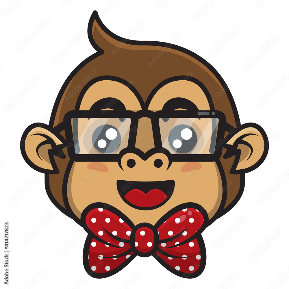Funny Little Monkey Head cartoon characters wearing eye glasses and bow ...