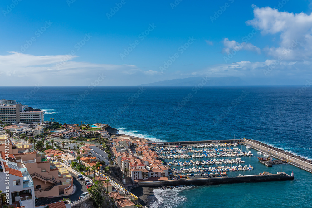 View of Los Gigantes marina with yachts and boats in Tenerife, Canary islands, Spain