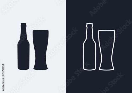 Beer bottle and weizenbier glass icon. (Outlined and silhouette vector of beer bottle and weizenbier glass)