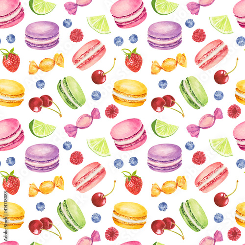 Wallpaper Mural Seamless pattern with watercolor colorful macaroons and berries isolated on white background. Torontodigital.ca