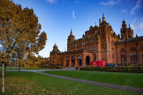 Glasgow, Scotland. Kelvingrove Art Gallery and Museum in evening Fall in the city, sunset.