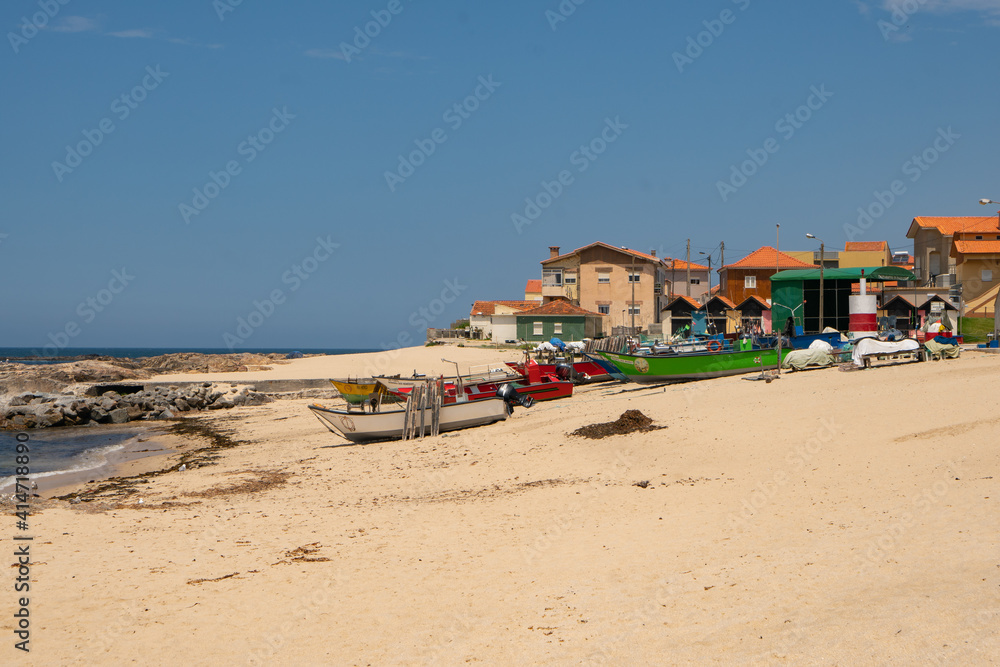 Fishermen vilage of Vila Cha with fishing boats on the beaches and fishermen houses in Portugal