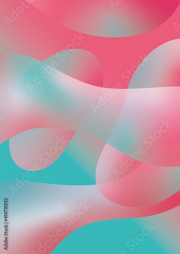 Pink and turquoise abstract fluid wavy shapes futuristic poster. Glowing gradient retro waves vector background.