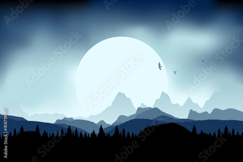 realistic landscape with mountains, hills and clouds