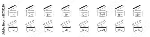 Period after opening. PAO icons set. Expiration period in months icons for cosmetic packaging. Life months of open cosmetic. Vector illustration