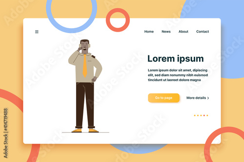 Pilot of aircraft using headset. Man wearing airlines uniform flat vector illustration. Aviation, job, occupation concept for banner, website design or landing web page