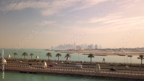 Aerial view of Doha cityscape during sunset, Qatar