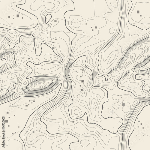 Seamless vector topographic map background. Line topography map seamless pattern. Contour background geographic grid. Mountain hiking trail over terrain. Seamless wavy pattern.