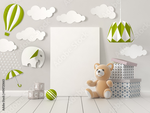 Mockup of blank poster on wall of nursery room. 