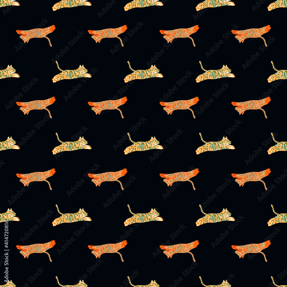 Obraz premium Contrast dark seamless pattern with doodle little jumping tigers ornament. Black background. Simple design.
