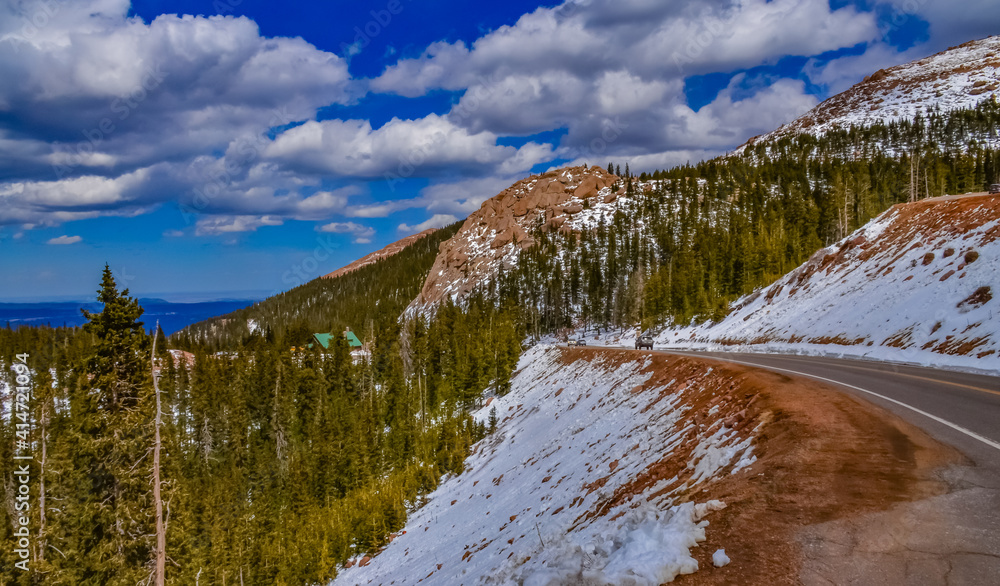 Panorama of winter mountains, snow-covered slopes of Pikes Peak mountains, Colorado, US