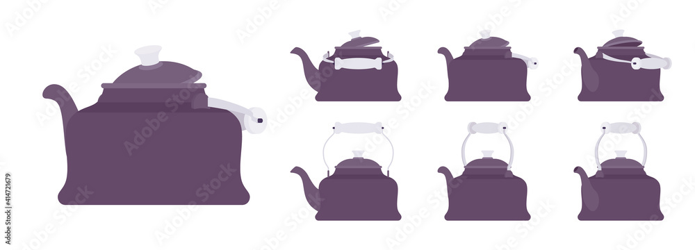 Tea retro kettle set, teapot in classic dark design. Household appliance with lid, spout, handle for boiling water. Vector flat style cartoon illustration isolated on white background, different view Tea retro kettle set, teapot in classic dark design. Household appliance with lid, spout, handle for boiling water. Vector flat style cartoon illustration isolated on white background, different view