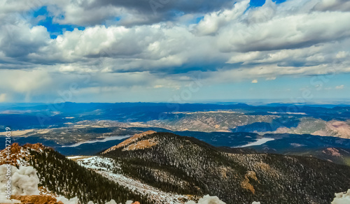 Panorama of winter mountains, snow-covered slopes of Pikes Peak mountains, Colorado, US © Oleg Kovtun