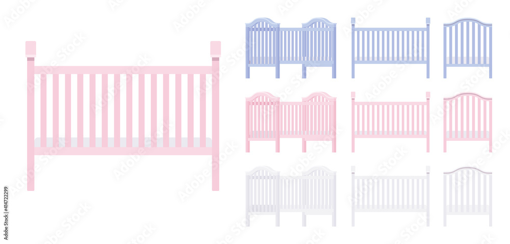 Baby and toddler wooden cot bed pink, blue, white set. Nursery home furniture for child, infant safe cradle. Vector flat style cartoon illustration isolated on white background, different colors, view