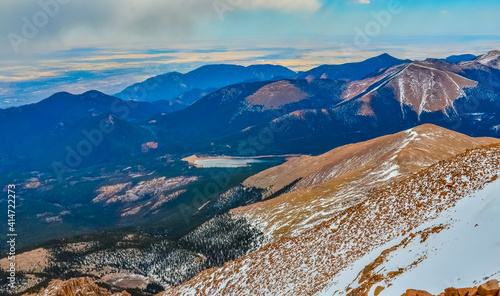 Panorama of winter mountains, snow-covered slopes of Pikes Peak mountains, Colorado, US