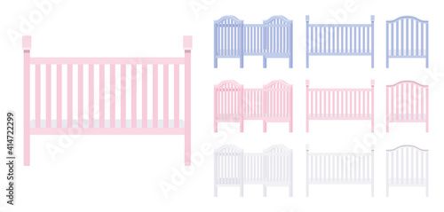 Baby and toddler wooden cot bed pink, blue, white set. Nursery home furniture for child, infant safe cradle. Vector flat style cartoon illustration isolated on white background, different colors, view